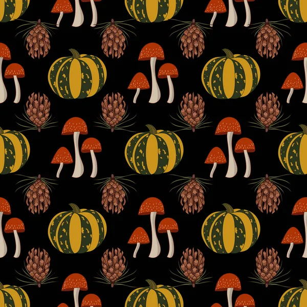 Otoño Piña Calabaza Champiñones Diseño Patrón Sin Costuras — Vector de stock