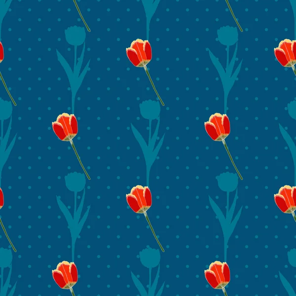 Vector Tulipanes Rojos Siluetas Patrón Sin Costuras Sobre Fondo Azul — Vector de stock