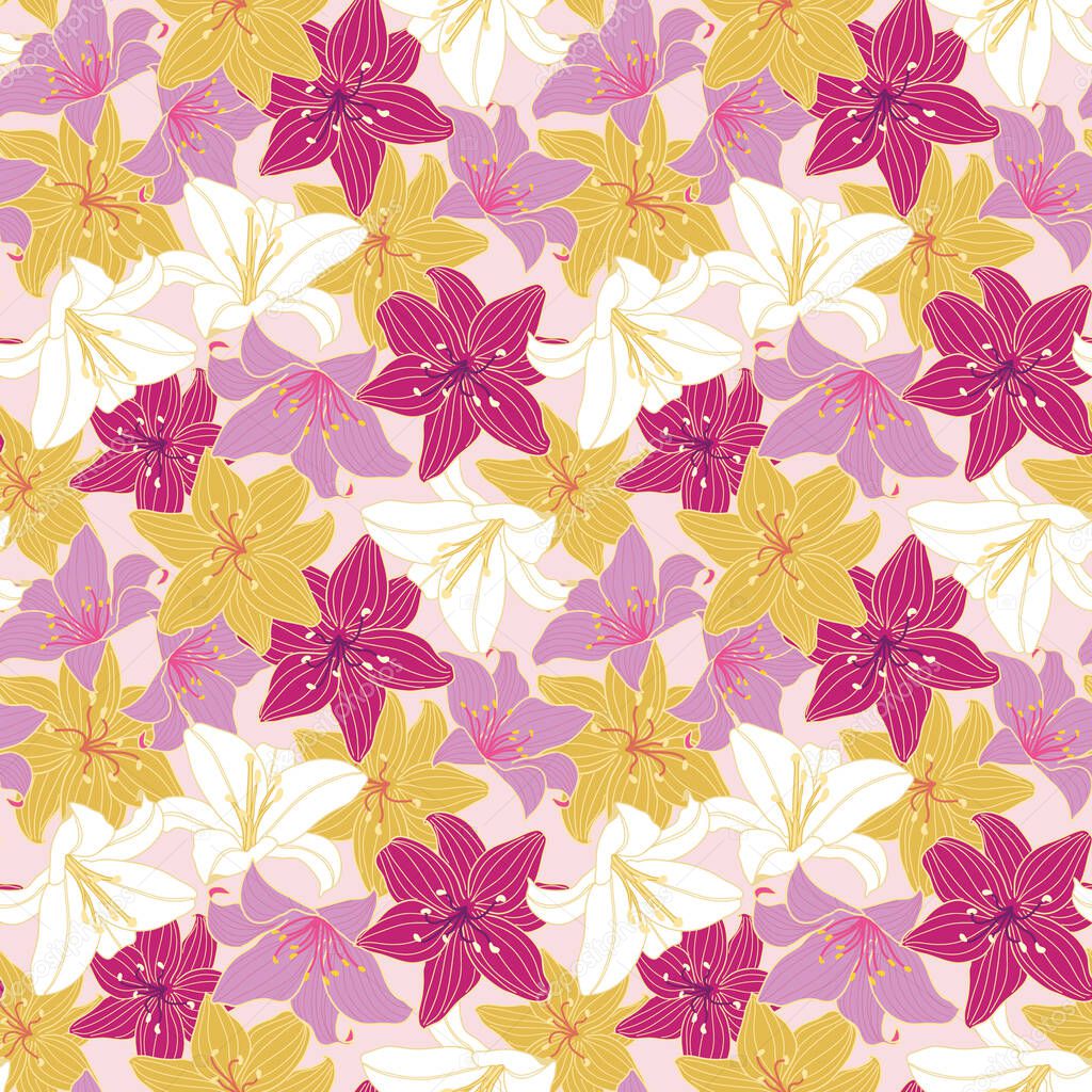 Lily flowers seamless pattern design on pink