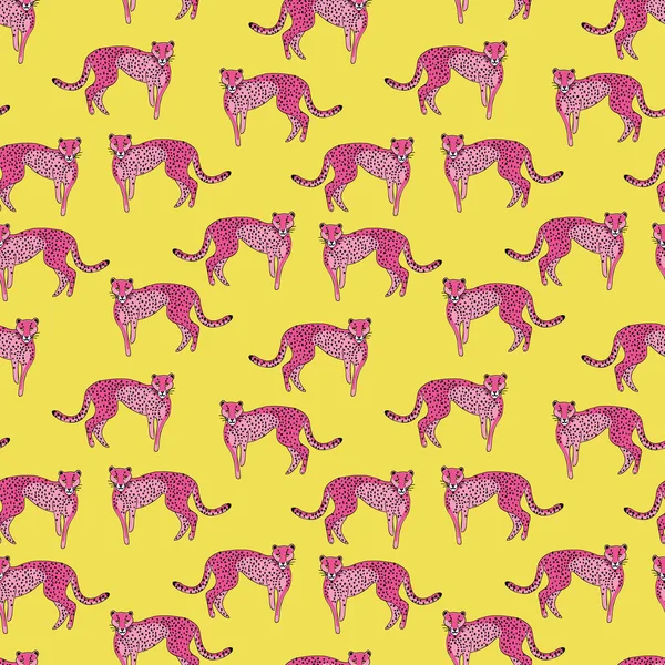 Patrón Guepardo Rosa Sobre Fondo Amarillo — Vector de stock