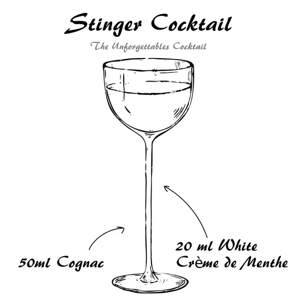 Cocktail Stinger vector de la receta, boceto de bebida baja en alcohol — Vector de stock