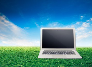 Çim gökyüzü arka plan üstünde laptop