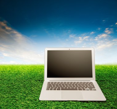 Çim gökyüzü arka plan üstünde laptop