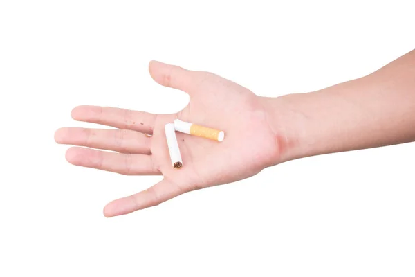 Χέρι Κρατήστε Τσιγάρο Καταστρέψει Απομονώνονται Λευκό Φόντο — Φωτογραφία Αρχείου