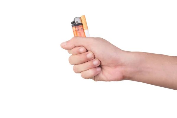 Kézi Öngyújtó Cigaretta Hold Elszigetelt Fehér Alapon — Stock Fotó