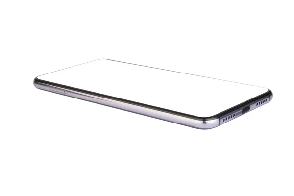 Beyaz arkaplanda siyah telefon izole edildi.