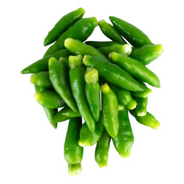 Pile of fresh green chili peppers on white background.