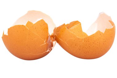 Broken chicken eggshell on white background.