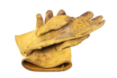 Sarı iş eldivenleri Kirli Eski beyaz arka planda izole.