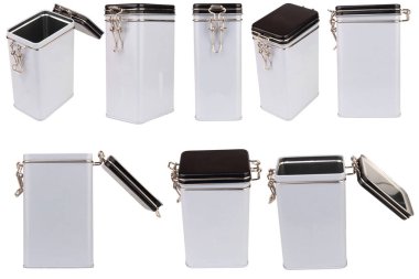 Kahve deposu beyaz arka plandaki çelik demire izole edilmiş..