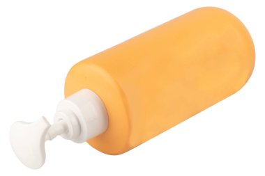 Plastik sprey şişesi beyaz arkaplan rengi turuncu üzerine izole.