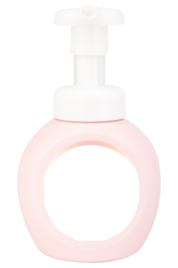 Beyaz arka plan pompa kutusuna izole edilmiş pembe şampuan şişesi..