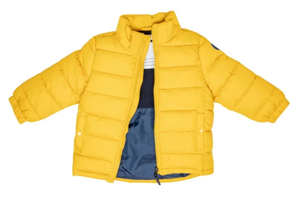 子供用のダウンジャケット 白い背景に隔離された取り外し可能なフードを持つ子供のためのスタイリッシュ 暖かい冬のジャケット 冬のファッション — ストック写真