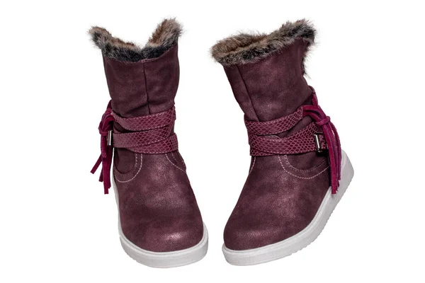 Sapatos Inverno Isolados Close Par Elegante Botas Inverno Camurça Violeta — Fotografia de Stock