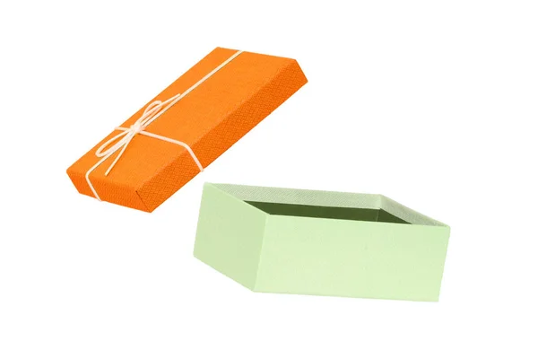Pudełko Odizolowane Zbliżenie Zielony Pomarańczowy Otwarty Prezent Lub Pudełko Białą — Zdjęcie stockowe