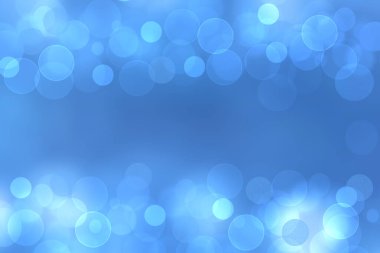 Soyut, bulanık, neşeli, narin kış yılbaşı ya da parlak mavi ve beyaz bokeh ışıklı daireler ve baloncuklarla yeni yıl arkaplanı. Tasarımın için yer aç. Kart kavramı.