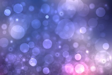 Soyut, bulanık, açık mavi, kış yılbaşı ya da parlak mavi ve beyaz renkli kar taneleri ve yıldızlı mutlu yeni yıl arkaplanı. Tasarımın için yer aç. Kart kavramı.