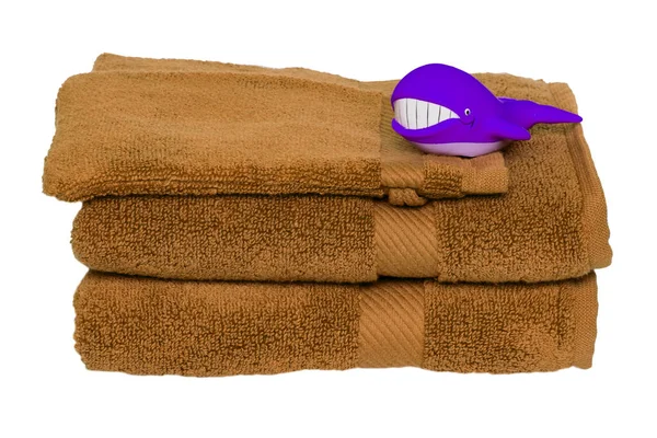 Brown Towels Isolated Closeup Stack Pile Brown Soft Terry Bath — Stock Photo, Image