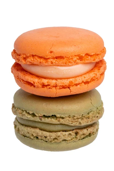 Gebäck Desserts Und Süßigkeiten Nahaufnahme Einer Orangefarbenen Makrone Und Einer — Stockfoto