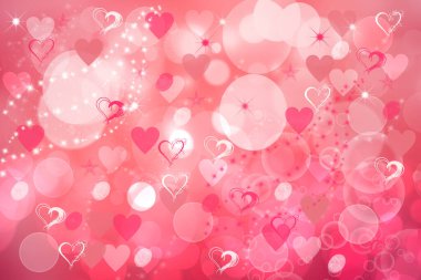 Düğün ya da sevgililer günü kartı şablonu. Soyut neşeli bulanık, parlak, pembe renkli arka plan. Pembe kalpler Bokeh 'i seviyor ve düğün günü için yıldızlar var. Boşluklu romantik desenli arkaplan.