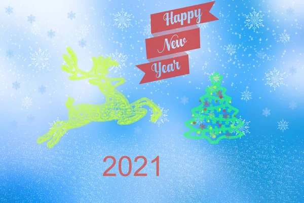 Happy New Year 2021 Card. Abstract festive blue and white glittered greeting card with a green stag, a colorful fir tree and the 2021 text.