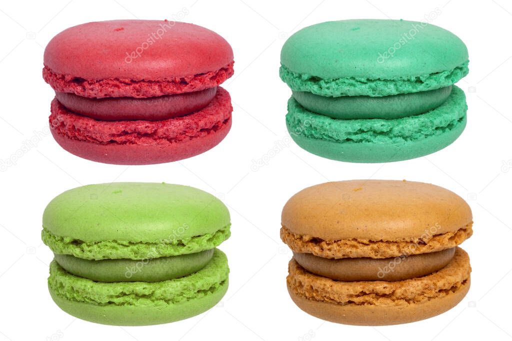 Pastries, desserts and sweets. Collage set of various multicolored original french macaroon cookies isolated on a white background. Such as red strawberry, green pistachio, yellow lemon, brown chocolate or red raspberry macaroons.