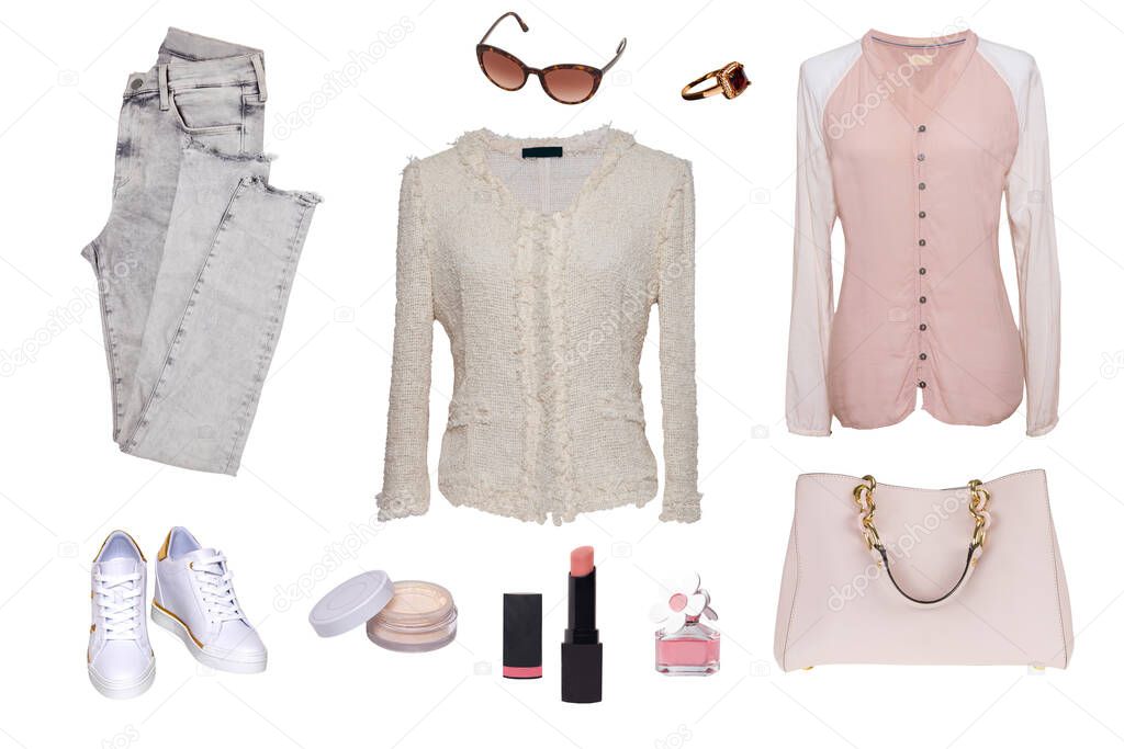 Collage women clothing. Set of stylish and trendy women blouses, jeans, handbag, sneaker and accessories isolated on a white background. Latest fashion trends.