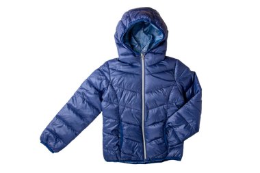 Çocuklar için kışlık ceket. Beyaz arka planda izole edilmiş çocuklar için şık mavi, sıcak kış ceketi. Kış modası.