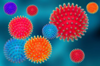 Coronavirus mutasyonu. Corona virüsü COVID-19 'un yeni varyantının çeşitli renkli soyut modellerinin yakın çekimleri ve soyut bulanık mavi arkaplan üzerindeki yeni mutasyonları. Küresel salgın konsepti. Makro.