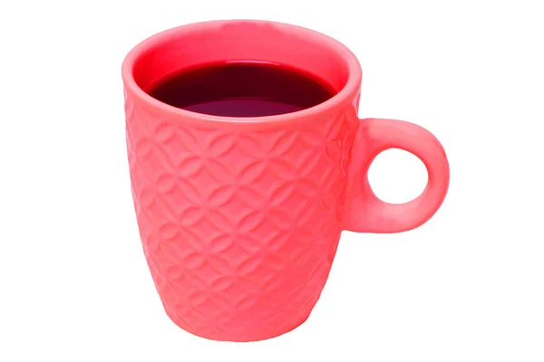 Bir Fincan Kahve Kırmızı Seramik Fincana Yakın Çekim Beyaz Arka — Stok fotoğraf