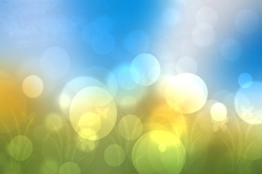 Merhaba bahar arkaplanı. Soyut parlak bahar veya yaz manzarası dokusunda doğal yeşil bokeh ışıkları ve mavi gökyüzünde güneş ışığı. Boşluğu olan güzel arkaplan.