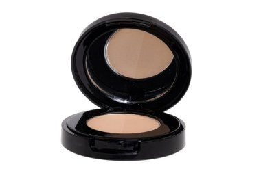 Makyaj ürünleri. Beyaz arka planda izole edilmiş zarif bir kahverengi kaş pudrası kutusu. Güzellik kavramı. Makro.