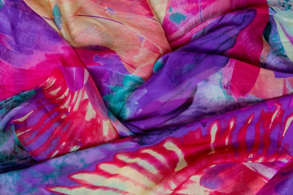 Zijden Sjaal Textuur Close Van Een Prachtig Gevouwen Veelkleurige Zijden — Stockfoto