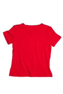 Denim tişörtü izole. Beyaz arka planda izole edilmiş kısa kollu kadınlar için şık bir kırmızı tişört ya da tişört. Kadınlar yaz modası. Arka plan.