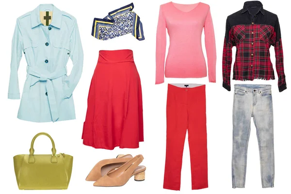 Collage Vrouwenkleren Stijlvolle Luxe Trendy Damesjas Rok Blouse Shirts Handtas — Stockfoto