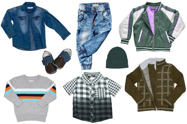 Collage Set Little Boys Spring Clothes Isolated White Background Denim — Stock Photo, Image