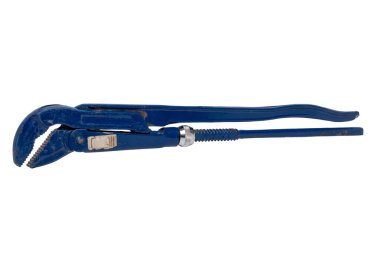 Tesisat aracı izole edildi. Ayarlanabilir mavi boru anahtarı, anahtar, pense ya da beyaz arka planda izole edilmiş su tesisatı. Kesme yolu. Makro.