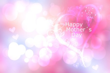 Anneler günü tebrik kartı. Soyut şenlikli pembe bokeh arkaplan dokusu ve mutlu anneler günü mesajı büyük bir kalpte. Aşk kavramının güzel çizimi.