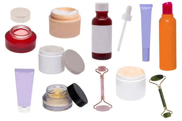 Kolaż Makijażu Kosmetyków Narzędzi Zestaw Różnych Otwartych Słoików Lub Butelek — Zdjęcie stockowe