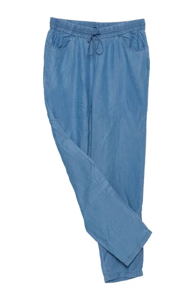 汗裤被隔离了女式蓝色休闲裤或紧身裤的女装 白色背景隔离 运动装束 — 图库照片