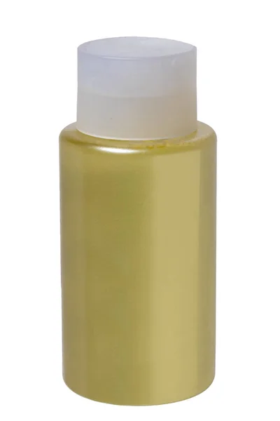 Modelo Etiqueta Cosmética Close Uma Garrafa Plástico Amarelo Ouro Fechado — Fotografia de Stock