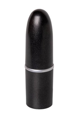 Ruj izole edildi. Beyaz arka planda izole edilmiş, zarif, siyah, kırmızı bir ruj. Makyaj ve güzellik konsepti. Makro. Kesme yolu.