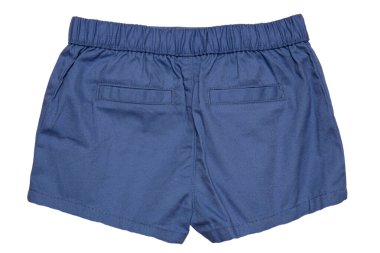 Yaz şortları izole. Beyaz arka planda izole edilmiş küçük kız için şık, mavi bir kısa pantolon. Seksi çocuk modası. Arka plan.
