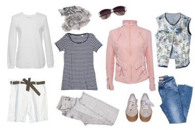 Kolaj kadın kıyafetleri. Beyaz bir arkaplanda şık ve lüks kadın ceketi, şort, bluz veya gömlek, yelek, ayakkabı, kot pantolon, pantolon ve aksesuarlar var. Son moda eğilimleri.