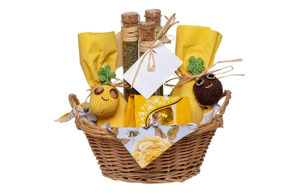 Closeup Gift Basket Mediterranean Spice Mixes Consisting Oregano Rosemary Basil — Stock Photo, Image