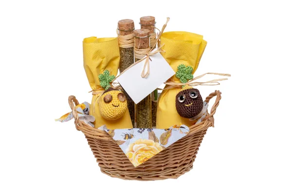 Closeup Gift Basket Mediterranean Spice Mixes Consisting Oregano Rosemary Basil — Stock Photo, Image