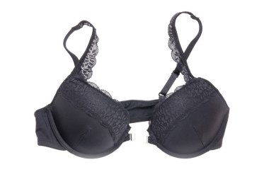 Sutyen izole oldu. Beyaz bir arka planda izole dantel ve askıları ile güzel kadın şık siyah sutyen closeup. Moda kadın iç çamaşırı.