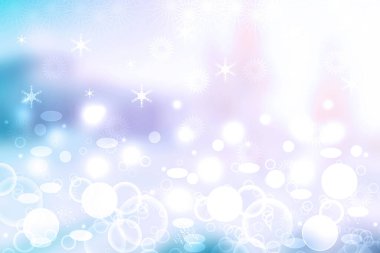 Soyut, bulanık, neşeli, narin kış yılbaşı ya da parlak mavi ve beyaz Bokeh ışıklı yıldızlı mutlu yeni yıl arkaplanı. Tasarımın için yer aç. Kart kavramı.