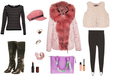 Kolaj kadın kıyafetleri. Kürklü, kotlu, deniz botlu, hırkalı, yelekli, el çantalı ve aksesuarlı şık bir kış ceketi. Kış modası. İzole edilmiş..