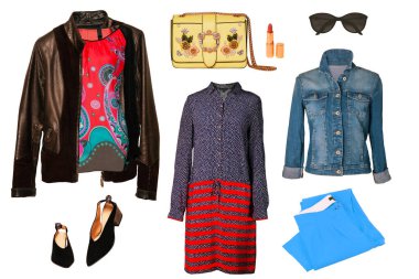 İlkbahar kadın kolajı yaz kıyafetleri izole. Kadın giyim koleksiyonu. Kadın moda kıyafeti. Kot, spor ayakkabı, el çantası, ceket, aksesuar....